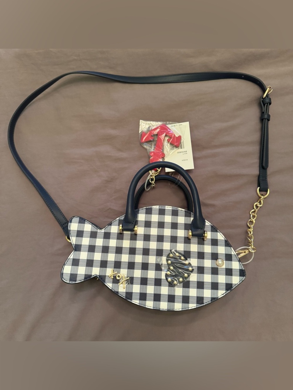 NWT Betsey Johnson XOSEA Gingham Fish Crossbody Handbag Navy Blue Coastal Purse